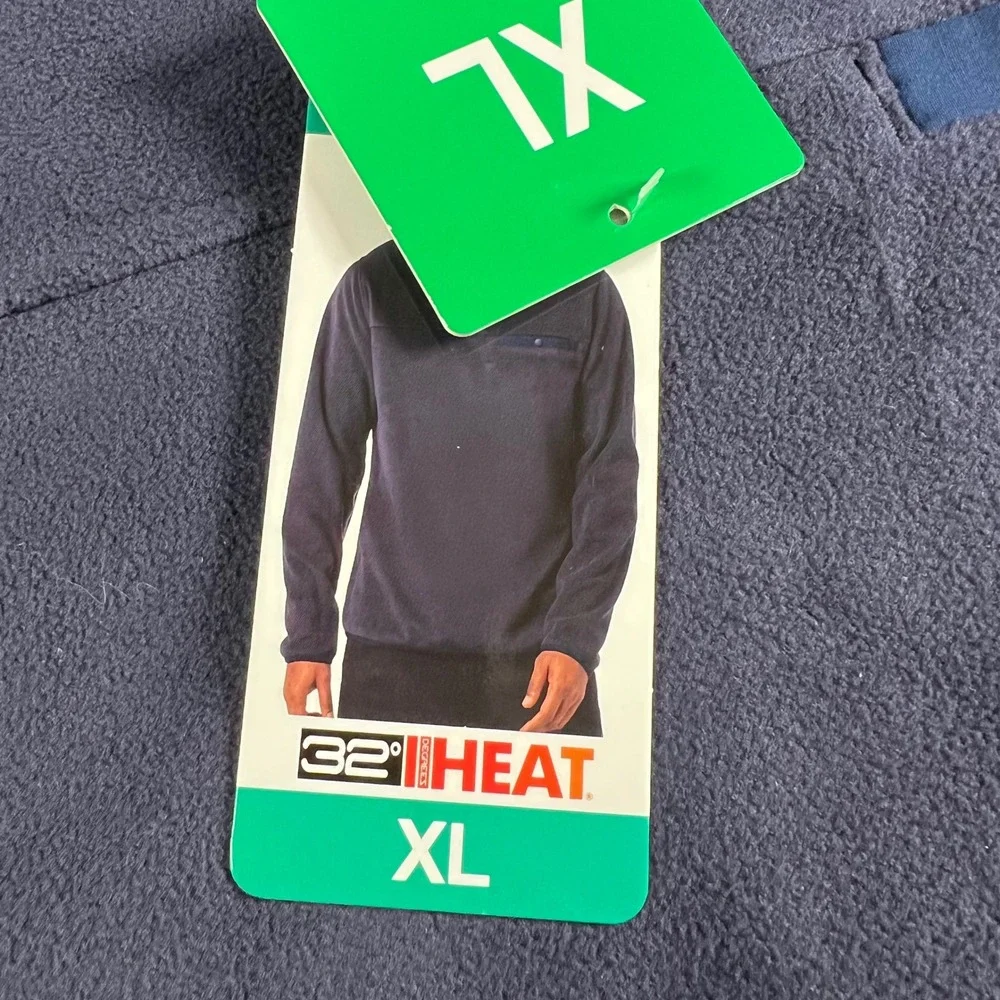 32 Degrees Heat Mens Pullover Fleece Shirt Navy Blue Size XL Snap Neck NWT